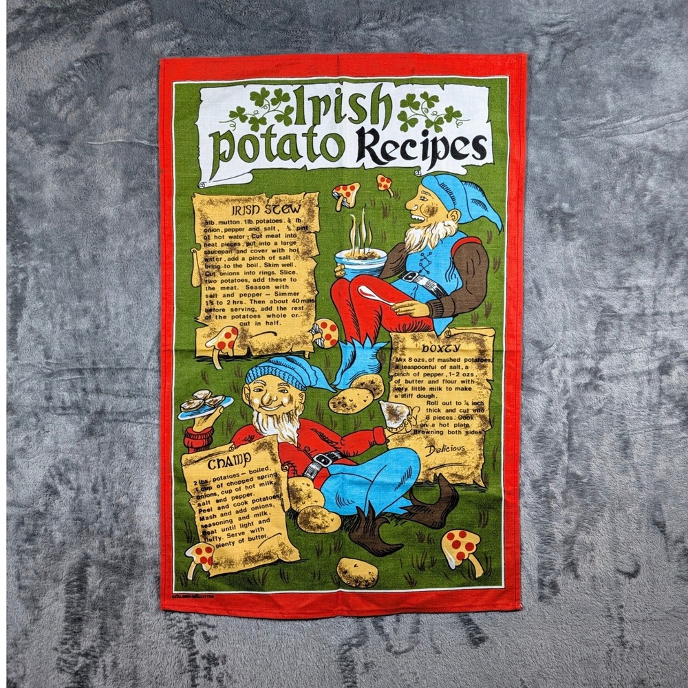 Vintage Irish Potato Recipes Tea Towel Made in Ireland Linen Cotton Red Green OS